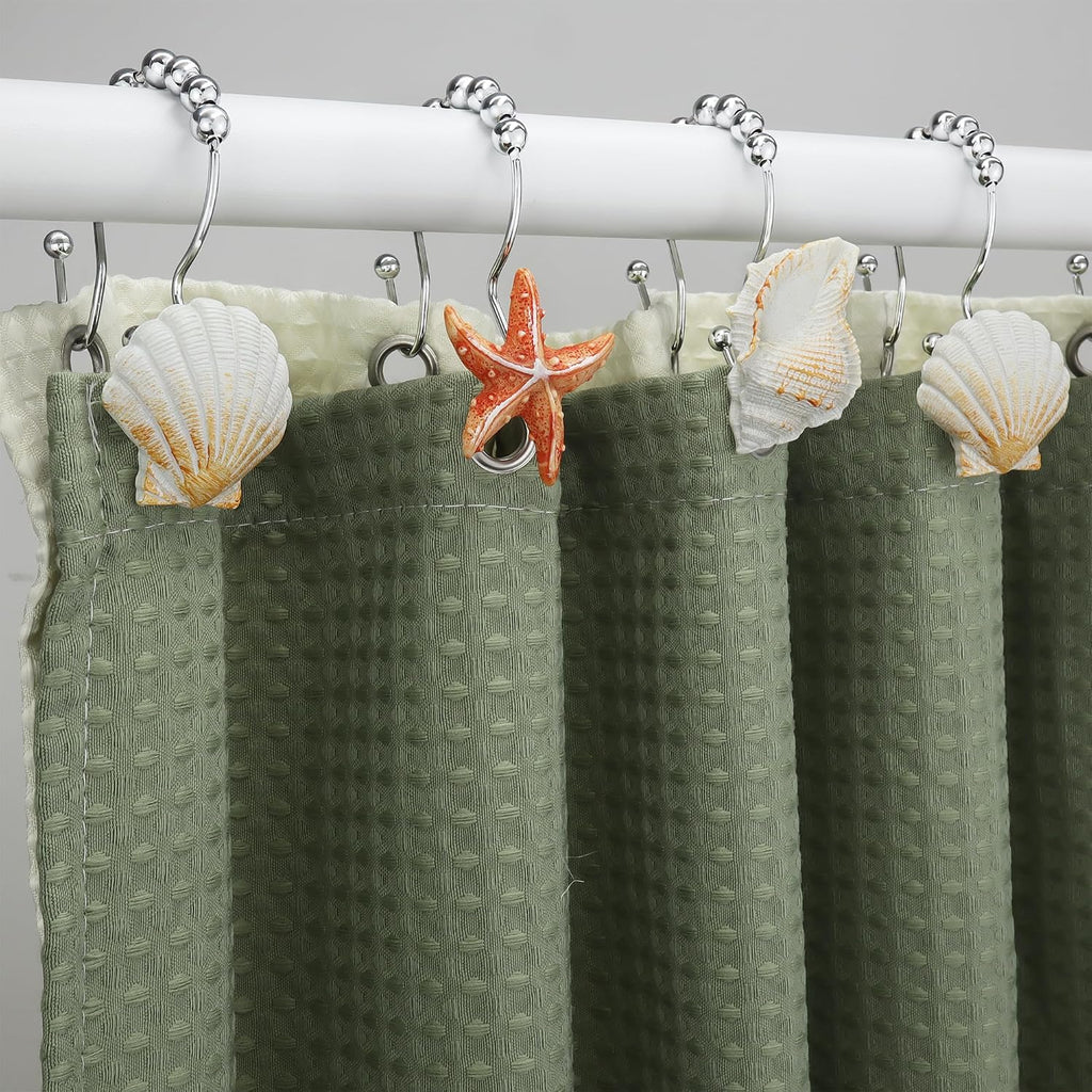 Shower Curtain Hooks Rings, 12PCS Anti Rust Seashell Decorative Double Resin Shower Hooks for Beach Bathroom, Baby Room, Bedroom, Living Room Décor