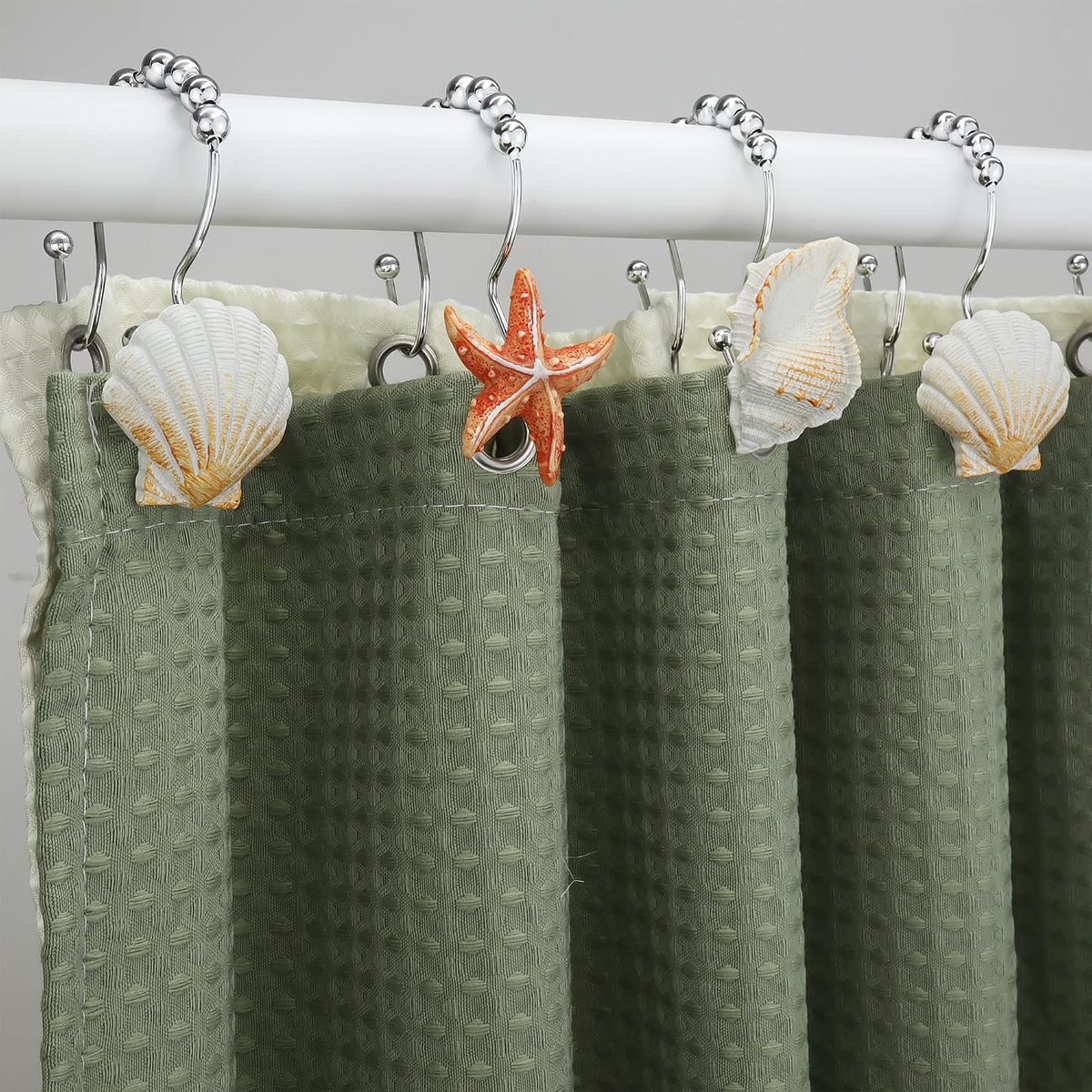 Shower Curtain Hooks Rings, 12PCS Anti Rust Seashell Decorative Double Resin Shower Hooks for Beach Bathroom, Baby Room, Bedroom, Living Room Décor