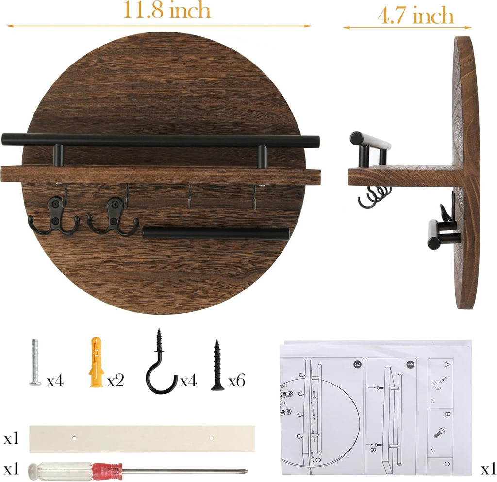 Gurfuy Key Holder for Wall with Shelf - Wood Mail Organizer and Rack with Shelf Hooks Wall Mounted for Entryway Decor Magazines Letter Storage Farmhouse Living Room Bedroom Doorway (Rustic Brown)