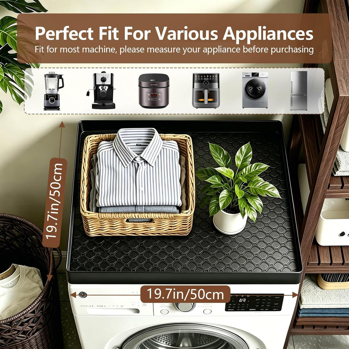 Mini Fridge Silicone Mats, 19.7"x19.7" Fridge Drip Pan with Raised Edges, Non-Slip Silicone Drip Tray Mat for Refrigerators, Wine Cooler, Washer Machines, Cabinet Carpets, Dryer, Dishwasher Black