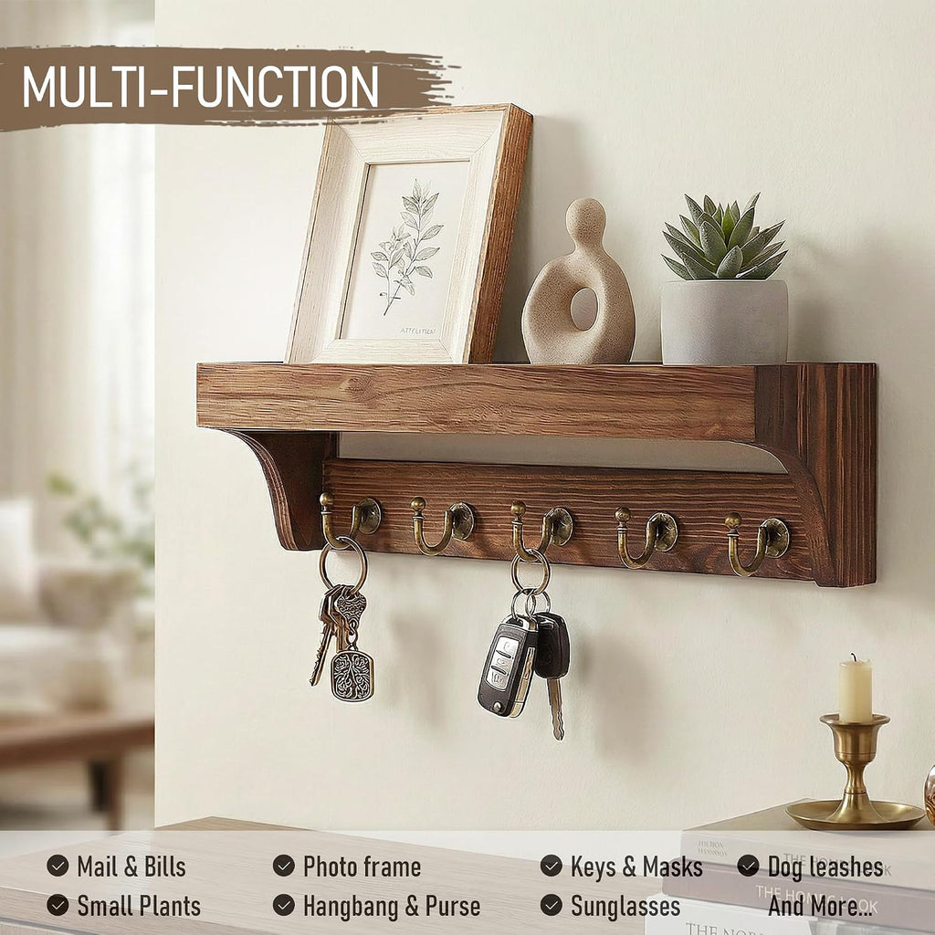 Rebee Vision Key Holder Wall Mount with Shelf for Home Office,Vintage Brown