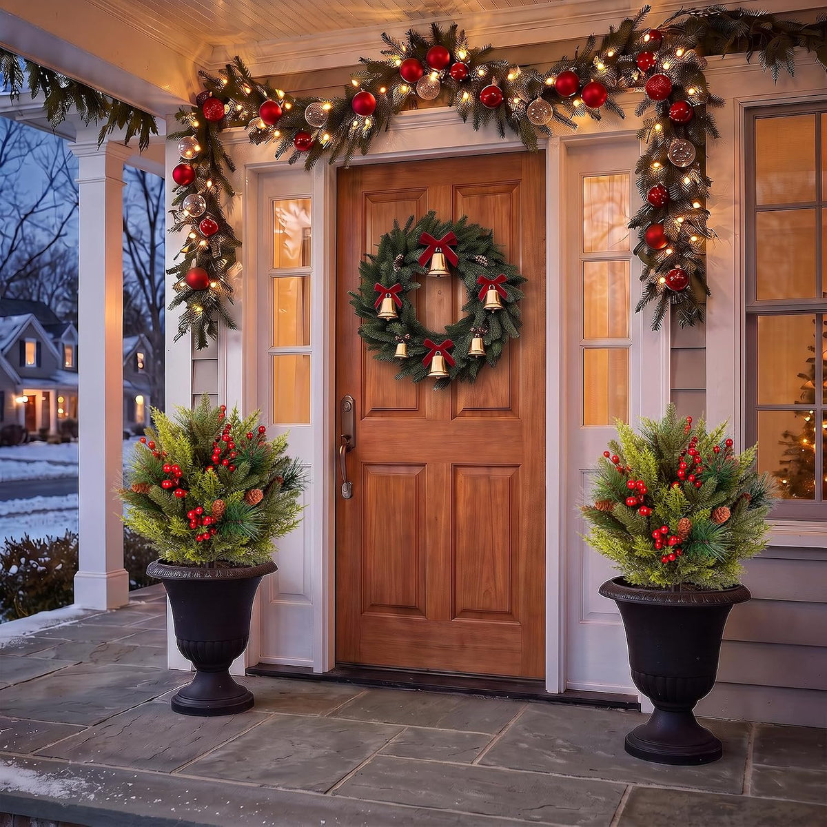 Artificial Christmas Cypress Topiary Shrubs, Faux Greenery Ball Bush for Christmas Indoor and Outdoor Decor,24.8" Fake Tree with Ground Spike,UV Resistant Plants for Front Porch, Patio Decor,Set of 2