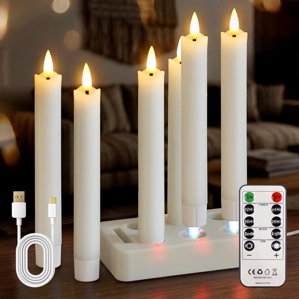 Rechargeable LED Taper Candles with Remote Timer, Flameless Ivory Real Wax Set of 6 with Charging Station, Flickering 3D-Wick Warm Light Candlesticks for Home Decor (0.78" x 7")