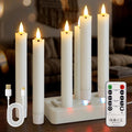 Rechargeable LED Taper Candles with Remote Timer, Flameless Ivory Real Wax Set of 6 with Charging Station, Flickering 3D-Wick Warm Light Candlesticks for Home Decor (0.78" x 7")