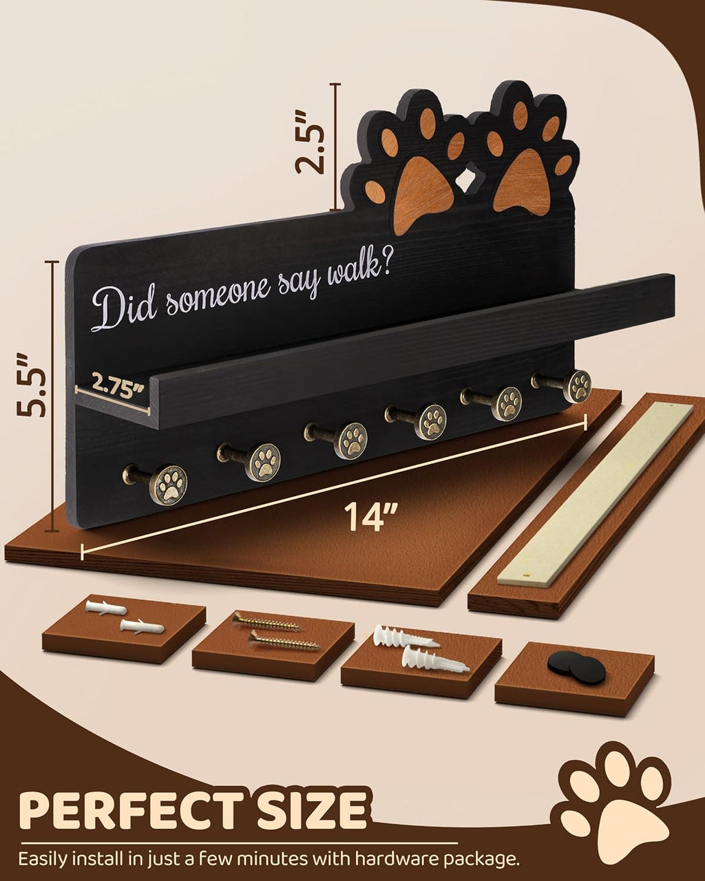 MTERSN Decorative Dog Leash Holder for Wall with Shelf & 6 Hooks, Black