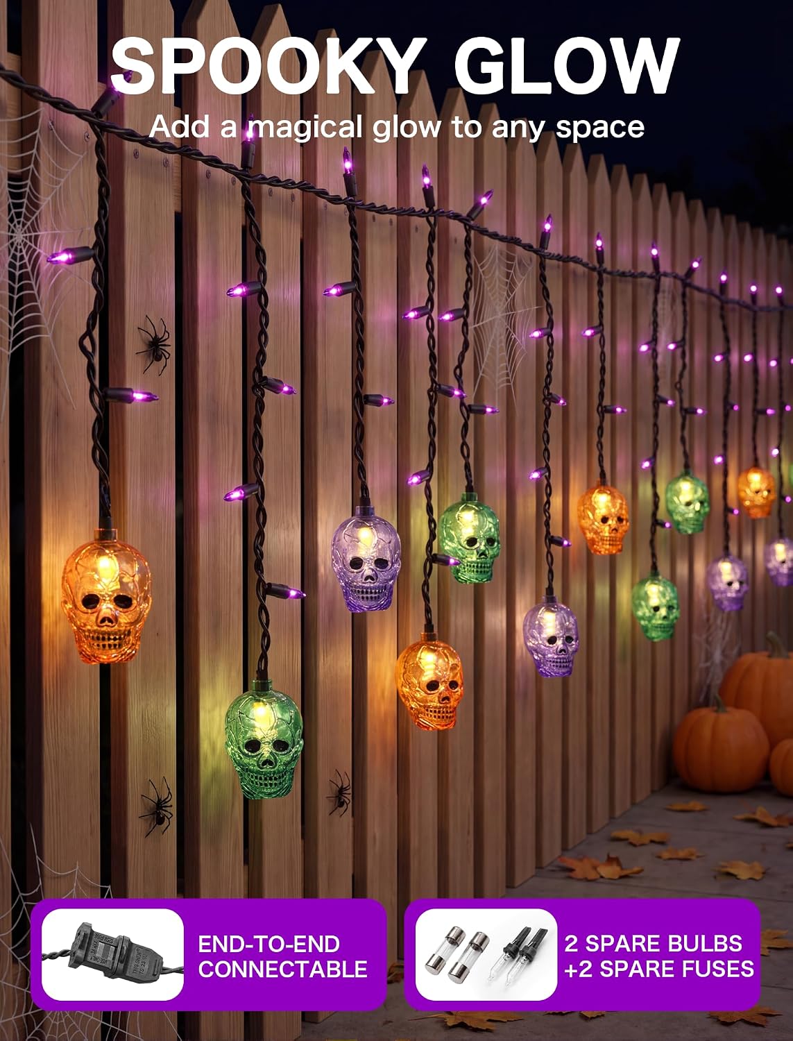 SUNSGNE 7FT 50 Count LED Halloween Skull Curtain Lights, Plug-in