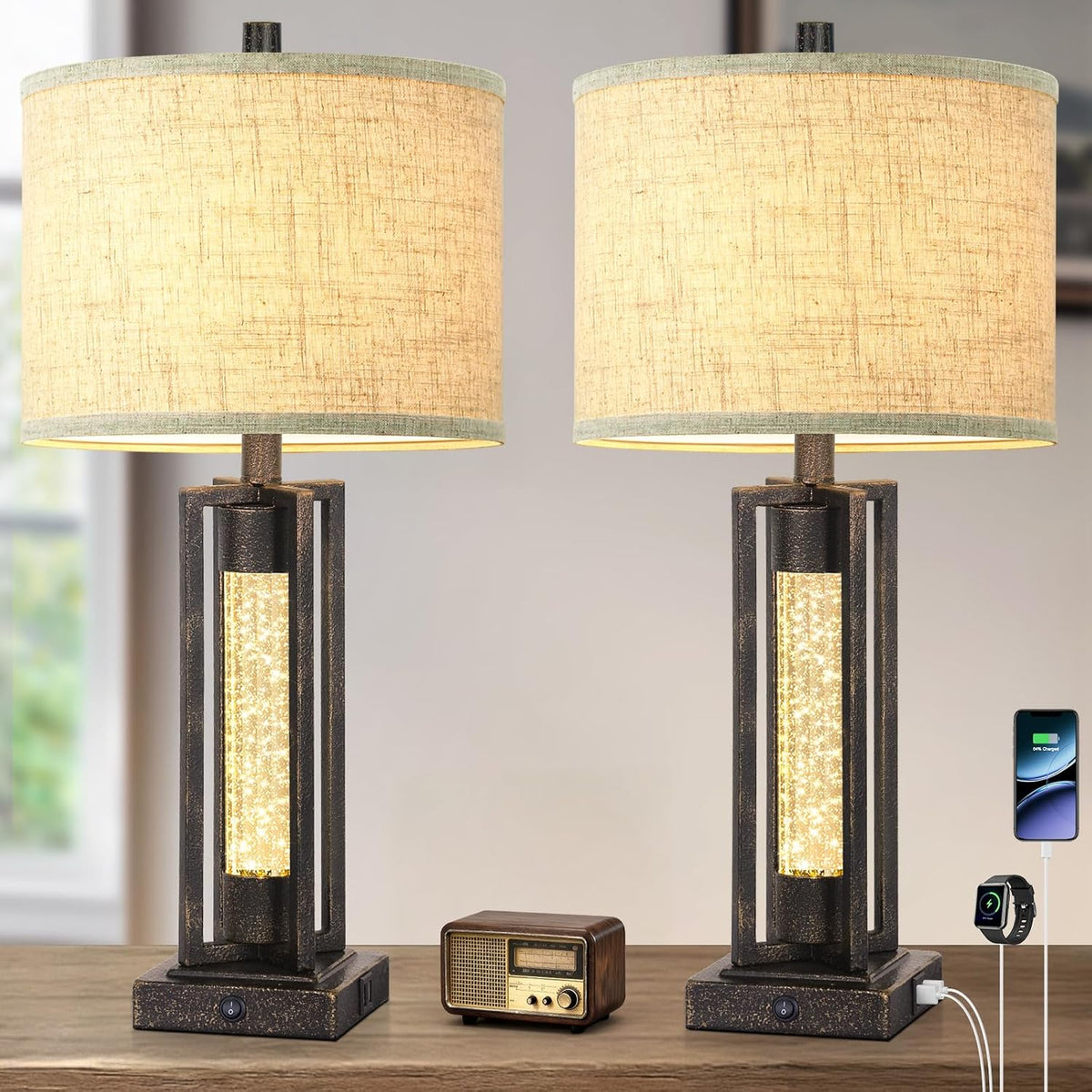 TOBUSA 26" Bronze Farmhouse Table Lamps Set of 2 with Crystal Night Light