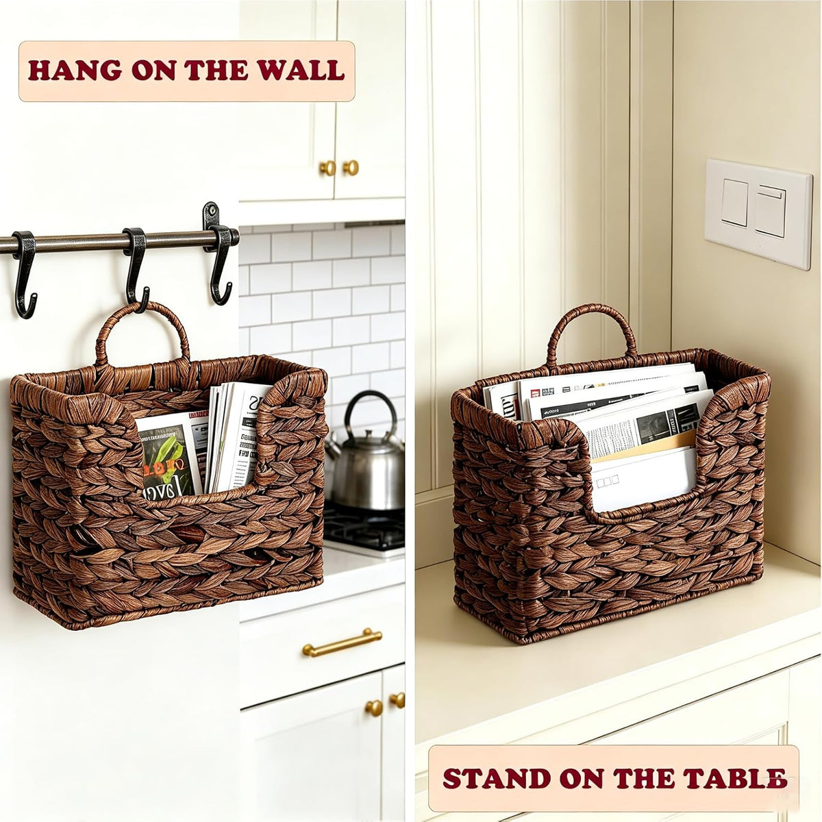 Hanging Magazine Basket, Woven Wall Magazine Holder Organizer with Handle for Mail, Files, Books - Water Hyacinth Farmhouse Storage Rack for Bathroom, Kitchen, Office (1, Brown)