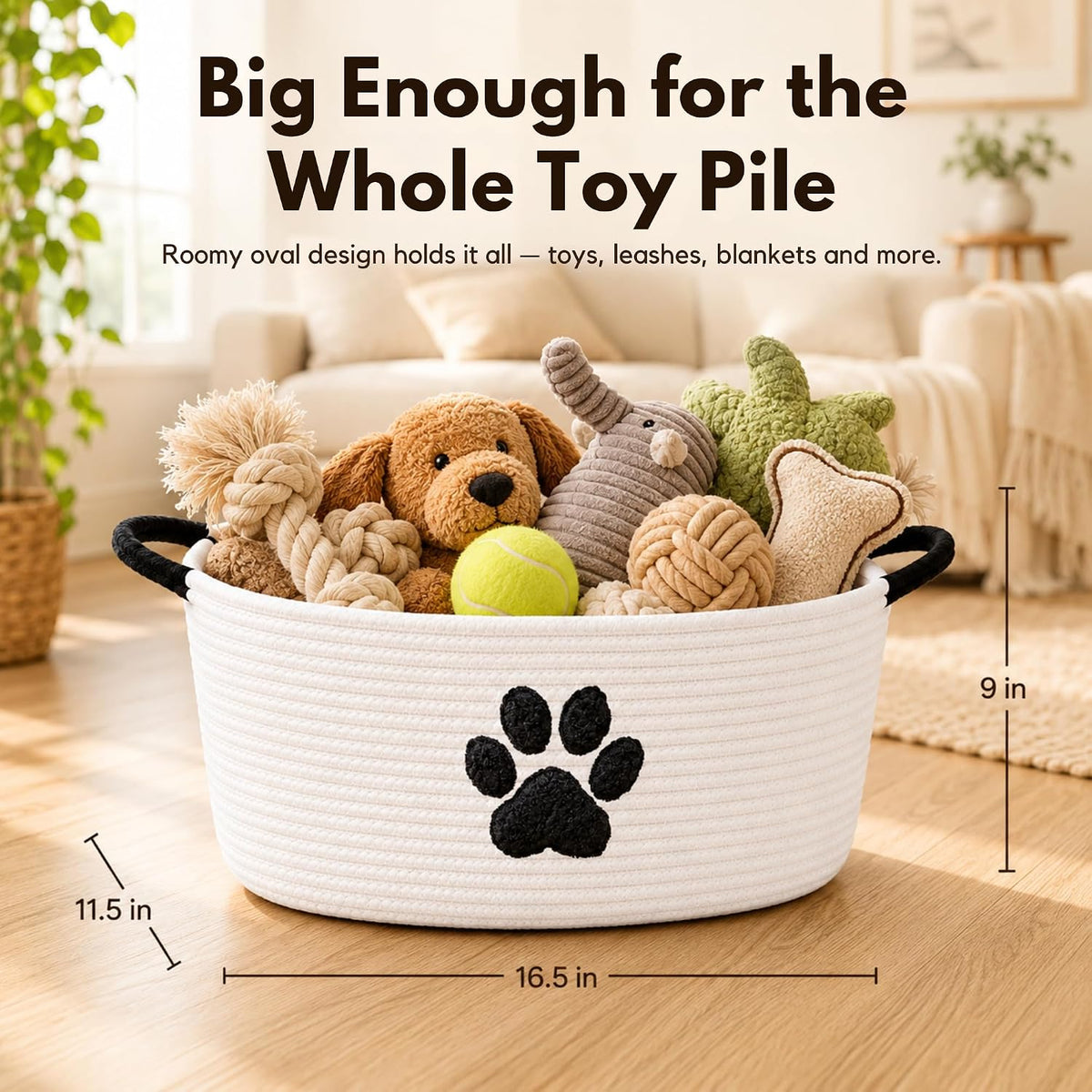 Dog Toy Basket with Handles, Cotton Rope Storage Bin Organizer for Pets