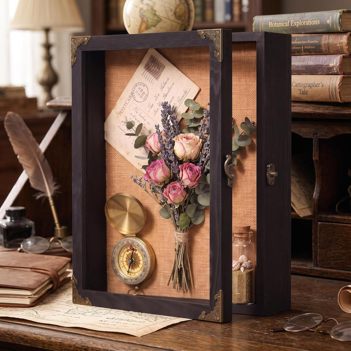 11x14 Shadow Box Frame with Glass Door, Solid Wood Memory Display Case, Linen Back, 2.7" Overall Depth, 10 Push Pins & Hanging Hardware, Rustic Keepsake Box for Flowers, Photos, Medals, Black