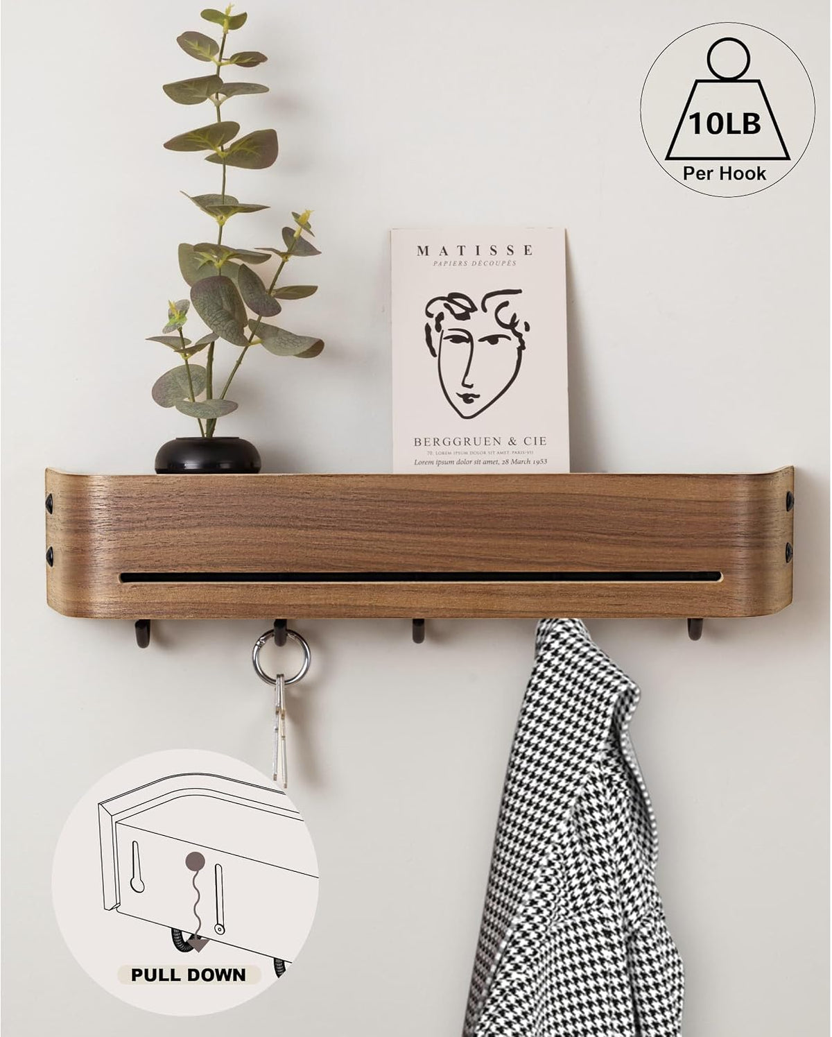 Key Holder Wall Mount with Shelf | 17 inch | Walnut