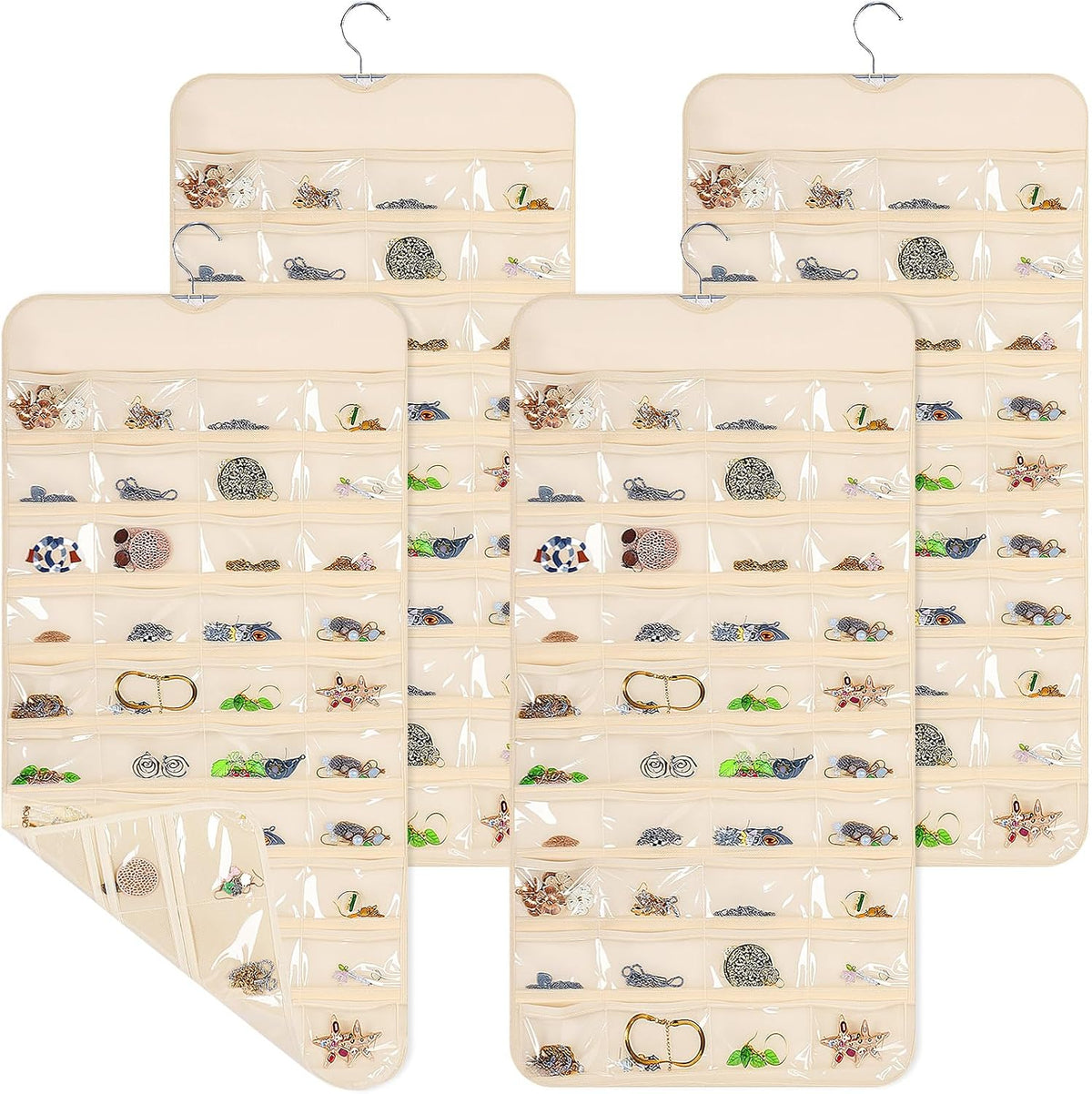 4 Pack Hanging Jewelry Organizer with 80 Clear Pockets, Double-Sided Hanger for Closet Door Wall, Beige Jewelry Holder for Earrings, Necklaces, Bracelets