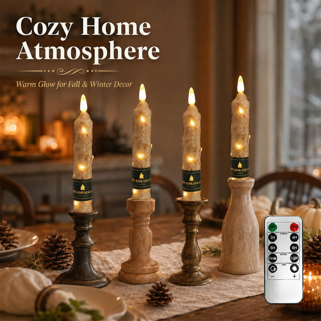 Wood Grain Flameless Taper Candles 4 Pack, 6.5 Inch LED Candles with Remote