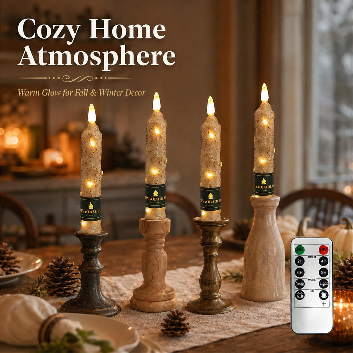 Wood Grain Flameless Taper Candles 4 Pack, 6.5 Inch LED Candles with Remote