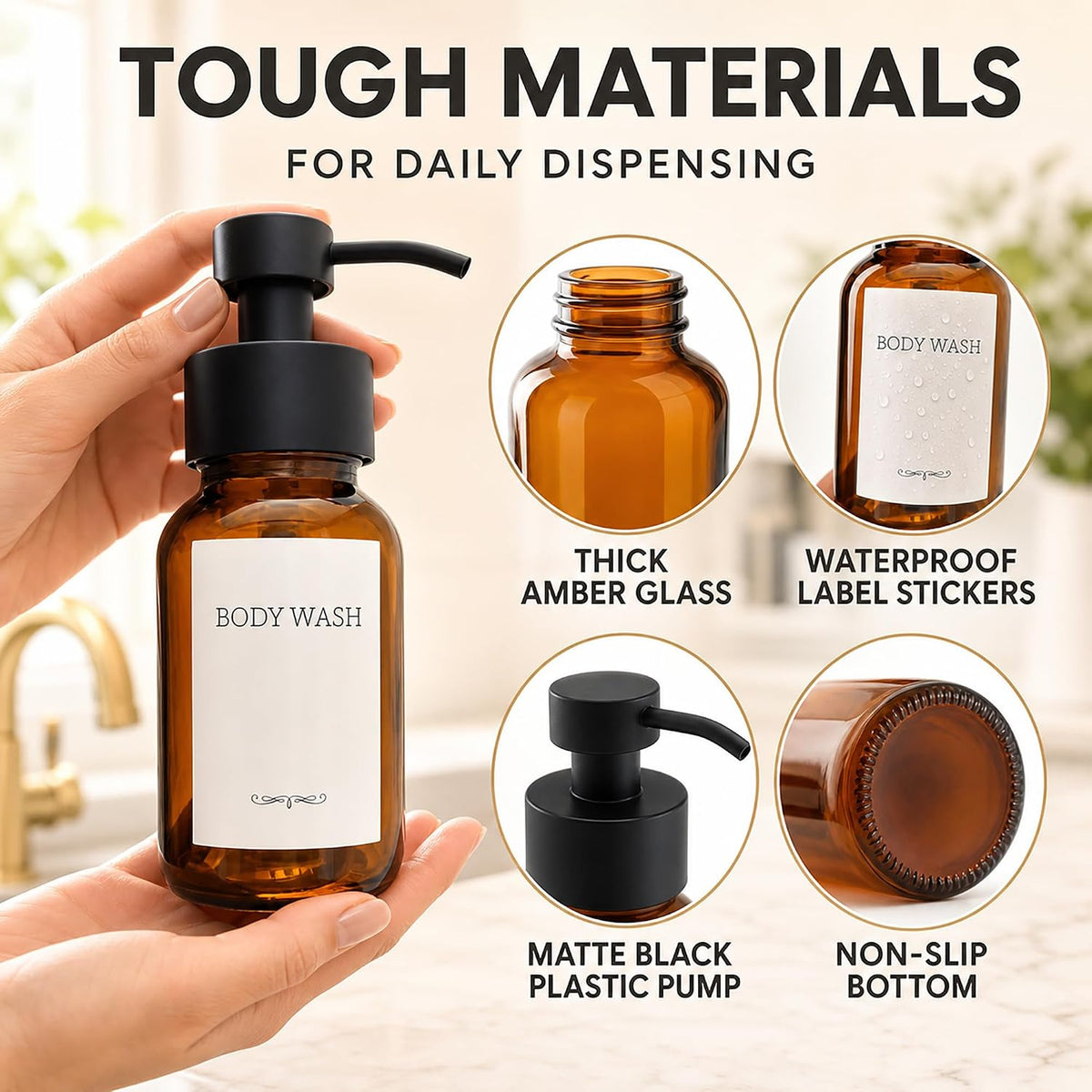 Amber Glass Foaming Soap Dispenser, 2 Pack, 8.5 Oz, Refillable