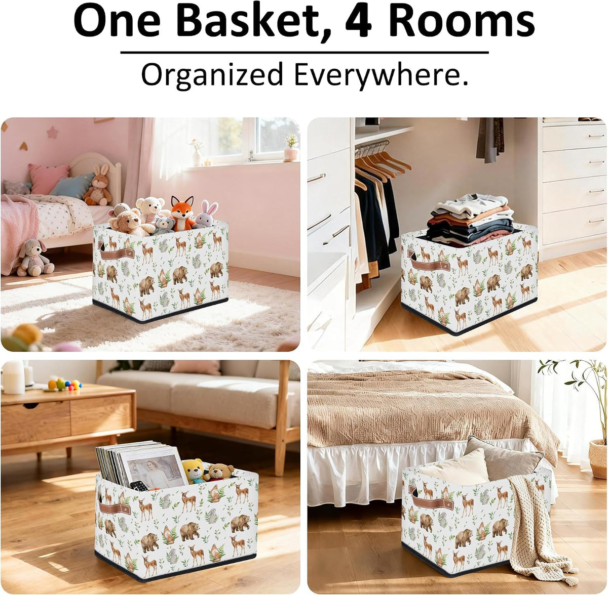 Rectangular Kids Bear Storage Basket Bins - Waterproof Foldable Woodland Animals Storage Box with Sturdy Metal Frame and Handles, Collapsible Organizer for Toys, Blankets in Kids Room Playroom Nursery