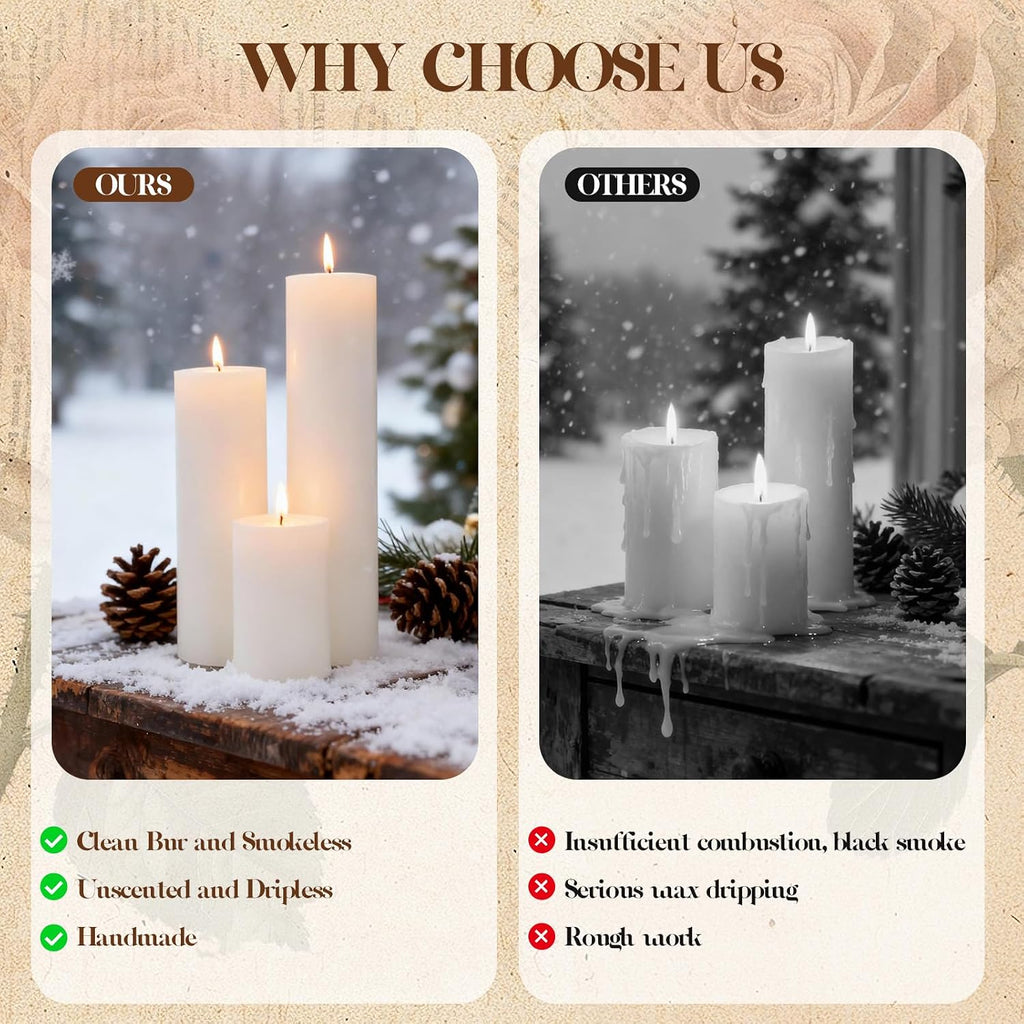 18 Pcs White Pillar Candles Bulk Set，Hurricane Candles，2x3 2x6 2x8 Inch - 12 Each Size，Dripless Unscented Smokeless，Gives You a Better Atmosphere When Organizing an Event Party.
