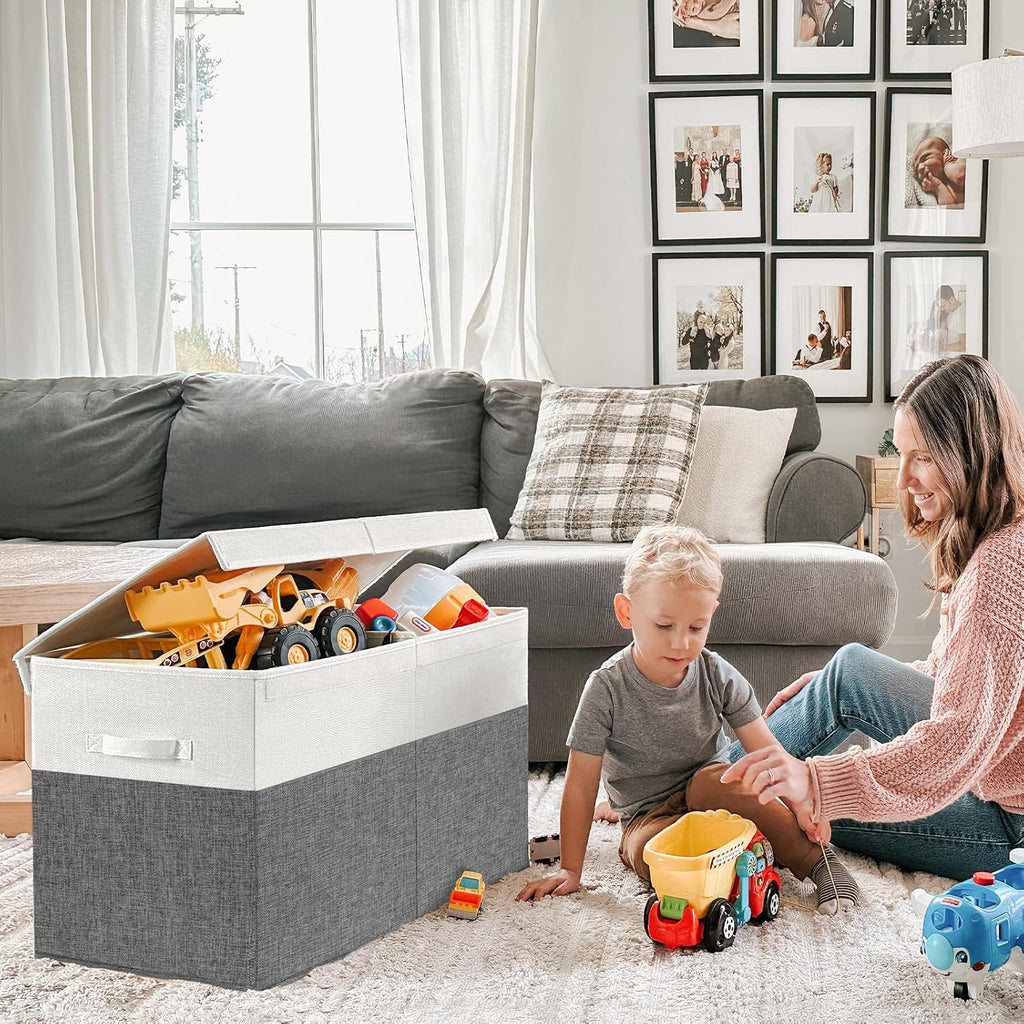 INDRESSME 85L Large Toy Storage Box with Lid & Dividers, Grey & White
