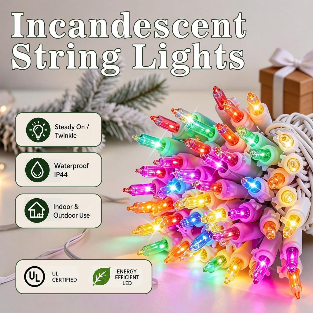 TW SHINE Christmas String Lights, 20FT 100 Count Incandescent White Wire Christmas Mini Lights, Waterproof Xmas String Lights for Outdoor Indoor Home Party Yard Decorations, Multi-Colored