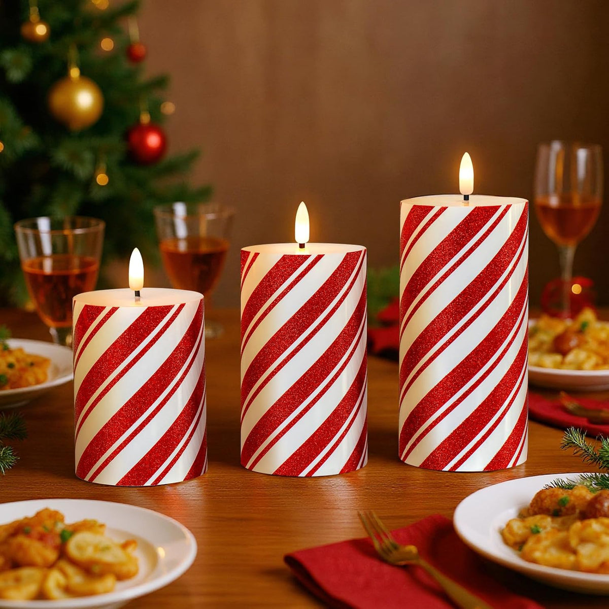 Glitter Red Stripe LED Flameless Candles, Battery Operated Pillar Lights with Remote Timer, Real Wax Electric Candles for Holiday Home Christmas Party Decor, Set of 3
