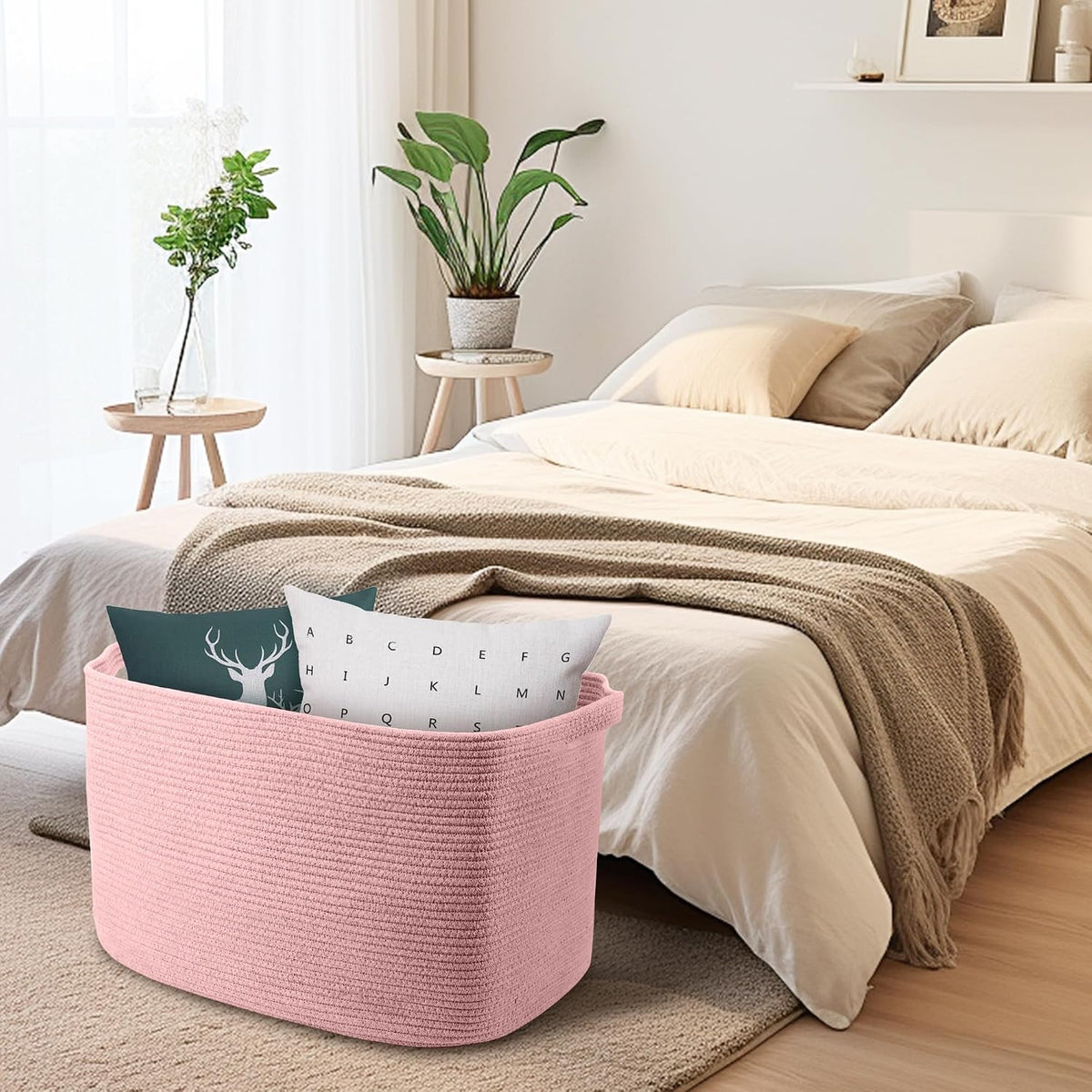 MEGASKET Extra Large Pink Storage Basket, 23.6" x 17" x 12" Rectangle Blanket Basket Living Room, Woven Cotton Rope Basket, Toy Basket Bins, Pink Baskets for Decor, Wicker Baby Laundry Basket