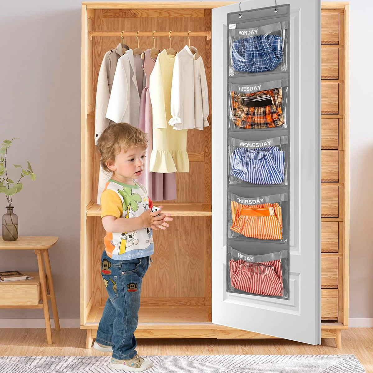 Day of Week Kids Clothes Organizer Weekly Hanging Closet Organizer Monday to Friday School Clothing Storage (GREY)