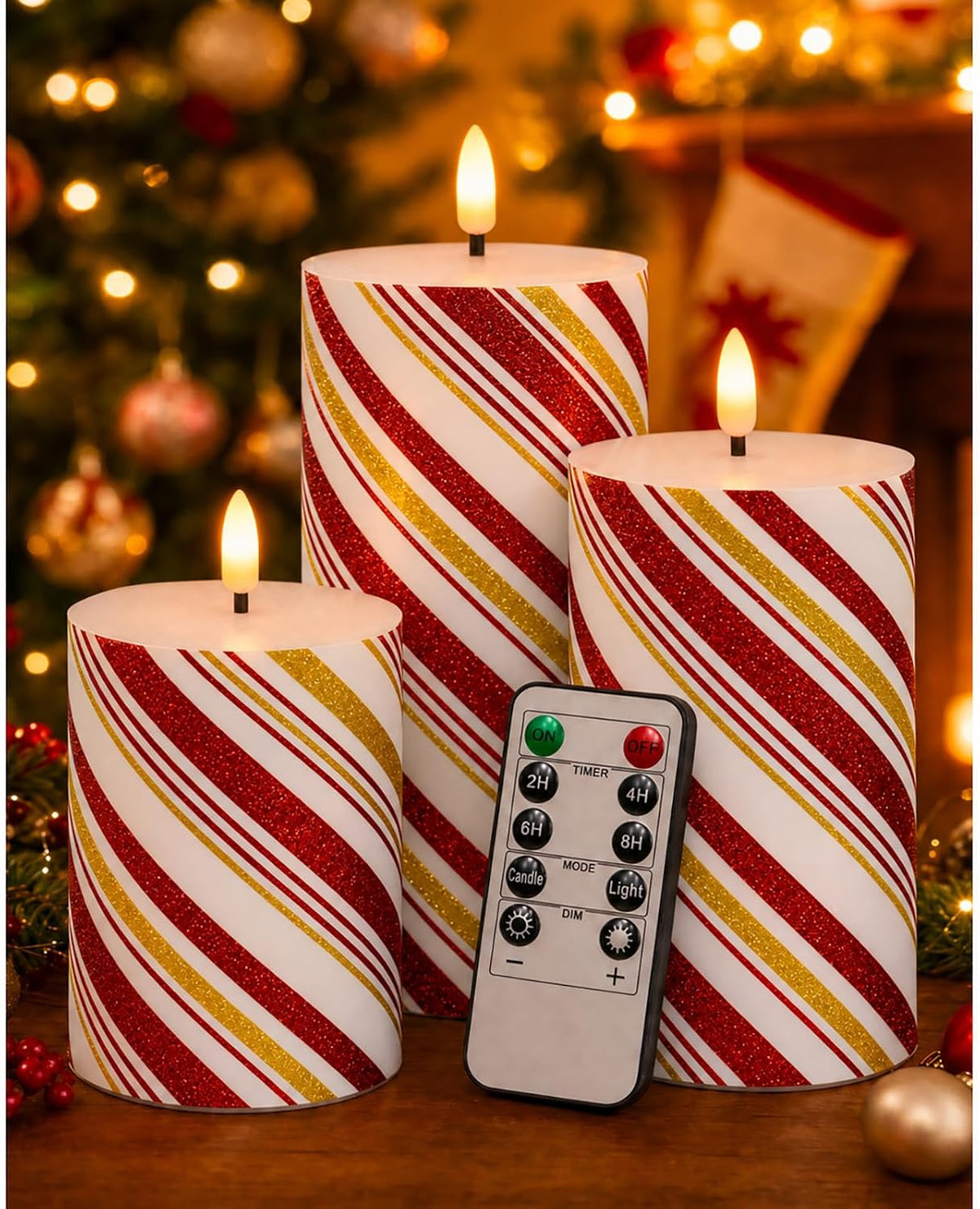 Christmas Flickering Flameless Candles, Red Stripes-Thin Real Wax Flickering Battery Operated Candles for Christmas Holiday Home Decor, Set of 3 (D3 x H4 5" 6")