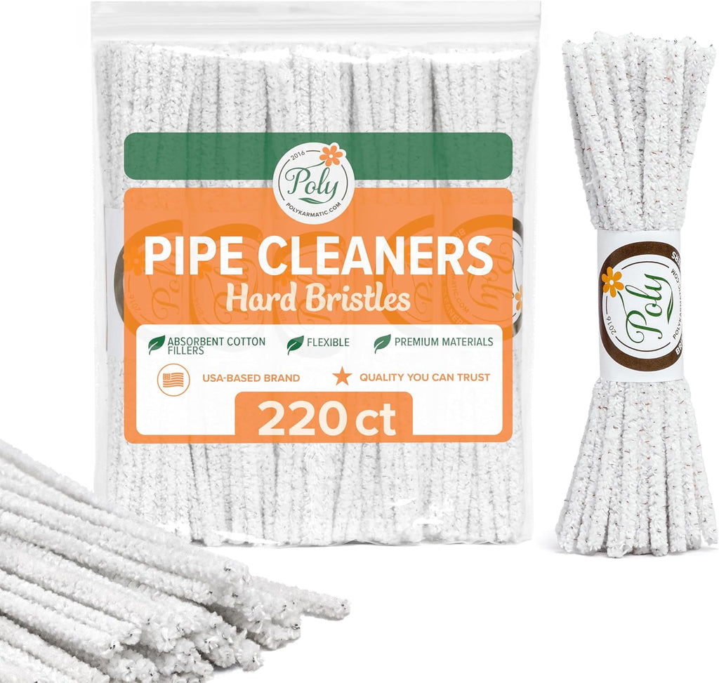 220 Count - Hard Bristle Pipe Cleaners Bulk | Great for Scrubbing Straws, Tubes, Tight Spaces | Nylon Bristles for Extra Scrub | Absorbent Cotton | Pipe Cleaners for Cleaning | Thick
