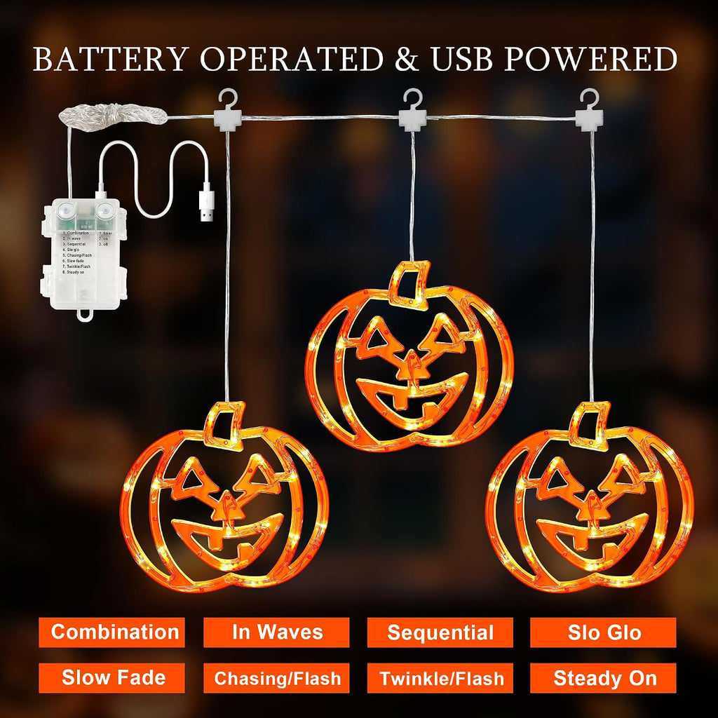 Halloween Window Lights,3 Pack 48LED Pumpkin Lights,Dual Power