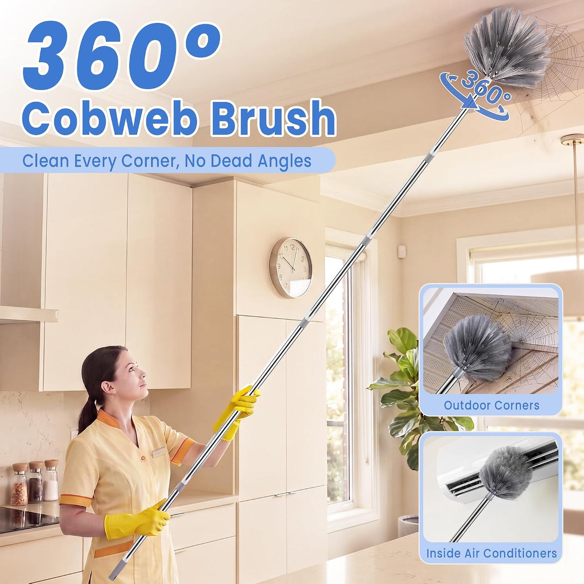 8FT Cobweb Duster, Ceiling Fan, Extension Pole, 2 Brush Heads