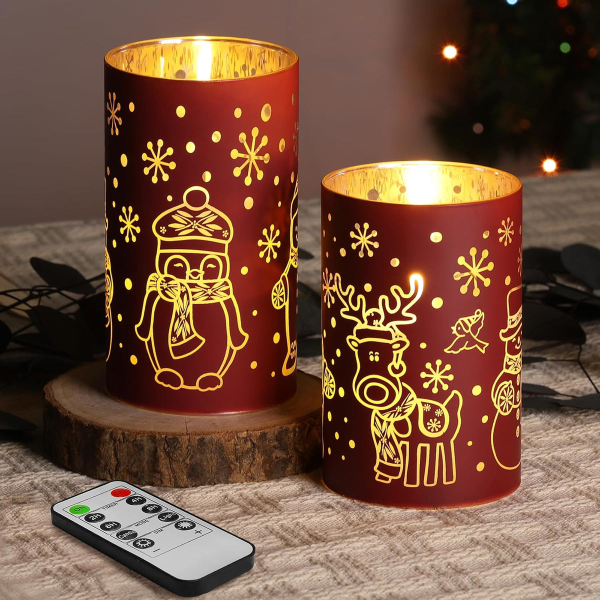 Eywamage Burgundy Glass Flameless Pillar Candles with Remote Set of 2
