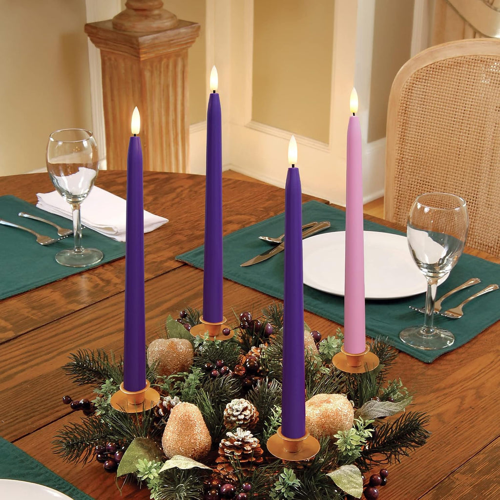 Stmarry Flameless Advent Candles, Set of 4 - Flickering LED Flame, 11 Inch Taper Candlesticks, Remote Controlled, Purple and Pink for Christmas Wreath