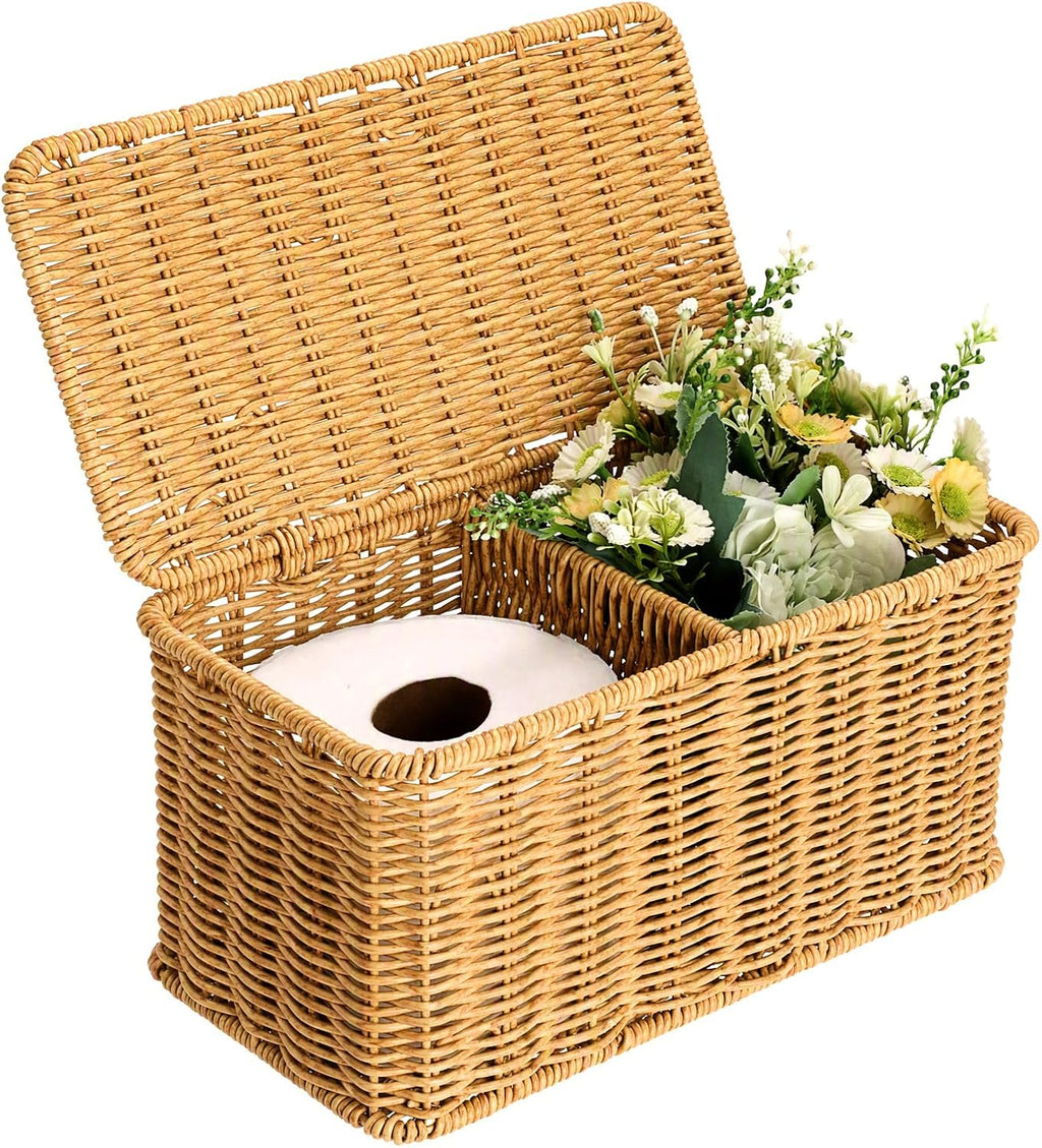 Sumnacon Wicker Storage Basket with Lid, Rectangle Bathroom Narrow Baskets