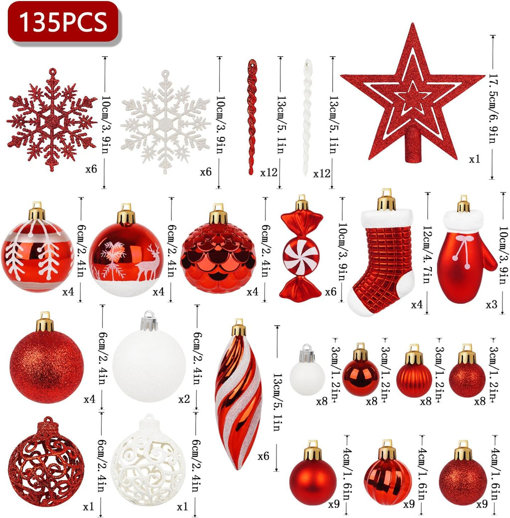 Artmag 135 Pcs Christmas Ball Ornaments Set, Pre-Tied Shatterproof Plastic Assorted Christmas Balls for Xmas Tree Hanging Decorations Festival Party Holiday Decor (Red)