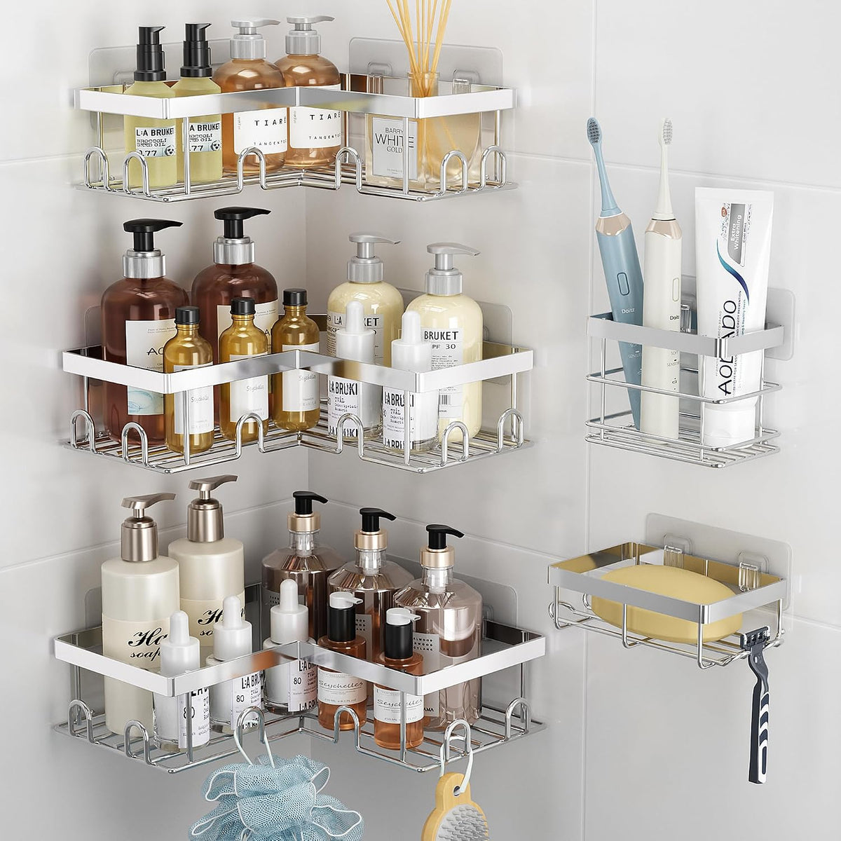 Liuoud Corner Shower Caddy 5 Pack Adhesive Stainless Steel Organizer Chrome