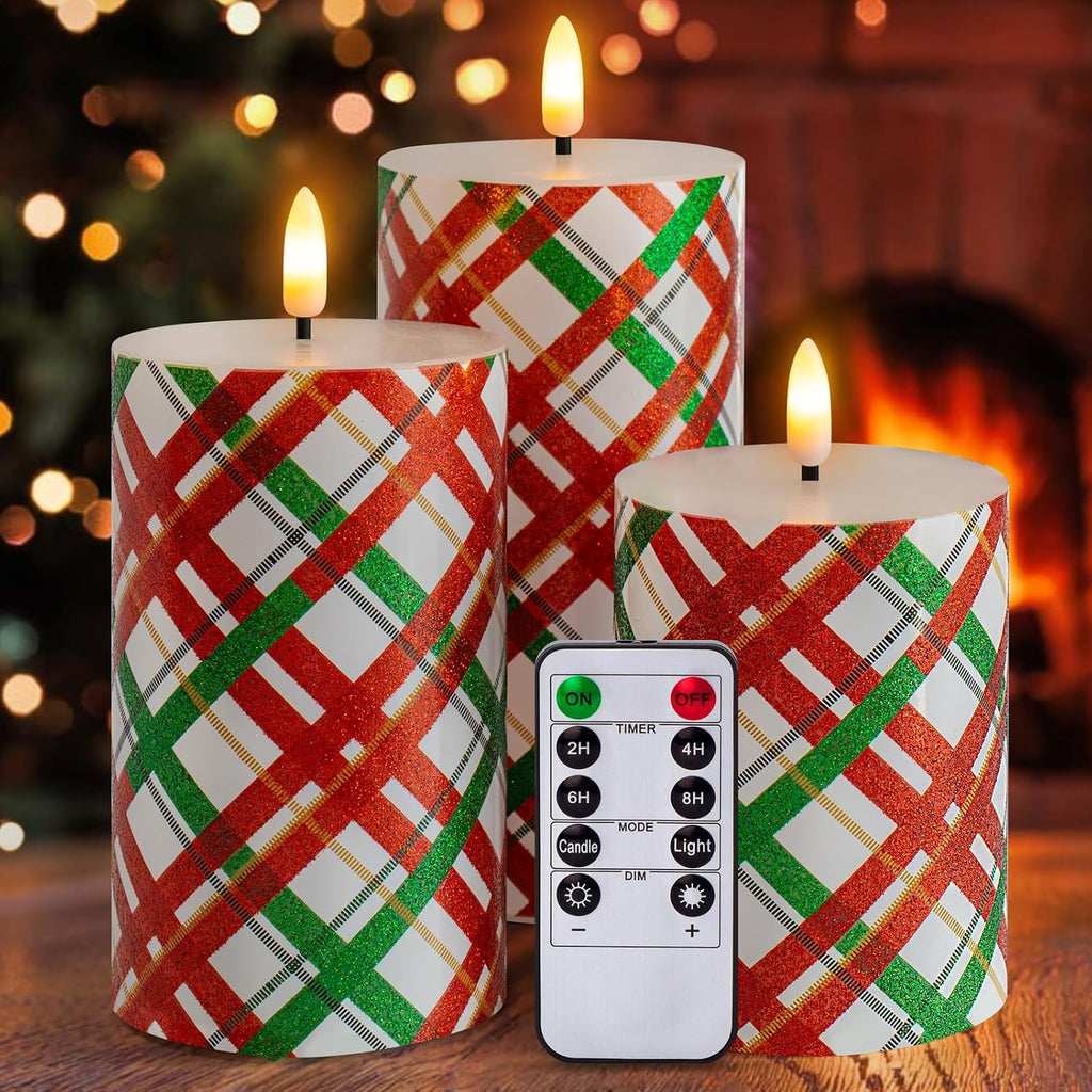 Christmas LED Flameless Candles, Red Green Striped Real Wax Candles with Timer, Battery Operated Pillar Set of 3 for Home Christmas Party Decor (D3 x H4 5" 6")