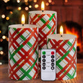 Christmas LED Flameless Candles, Red Green Striped Real Wax Candles with Timer, Battery Operated Pillar Set of 3 for Home Christmas Party Decor (D3 x H4 5" 6")
