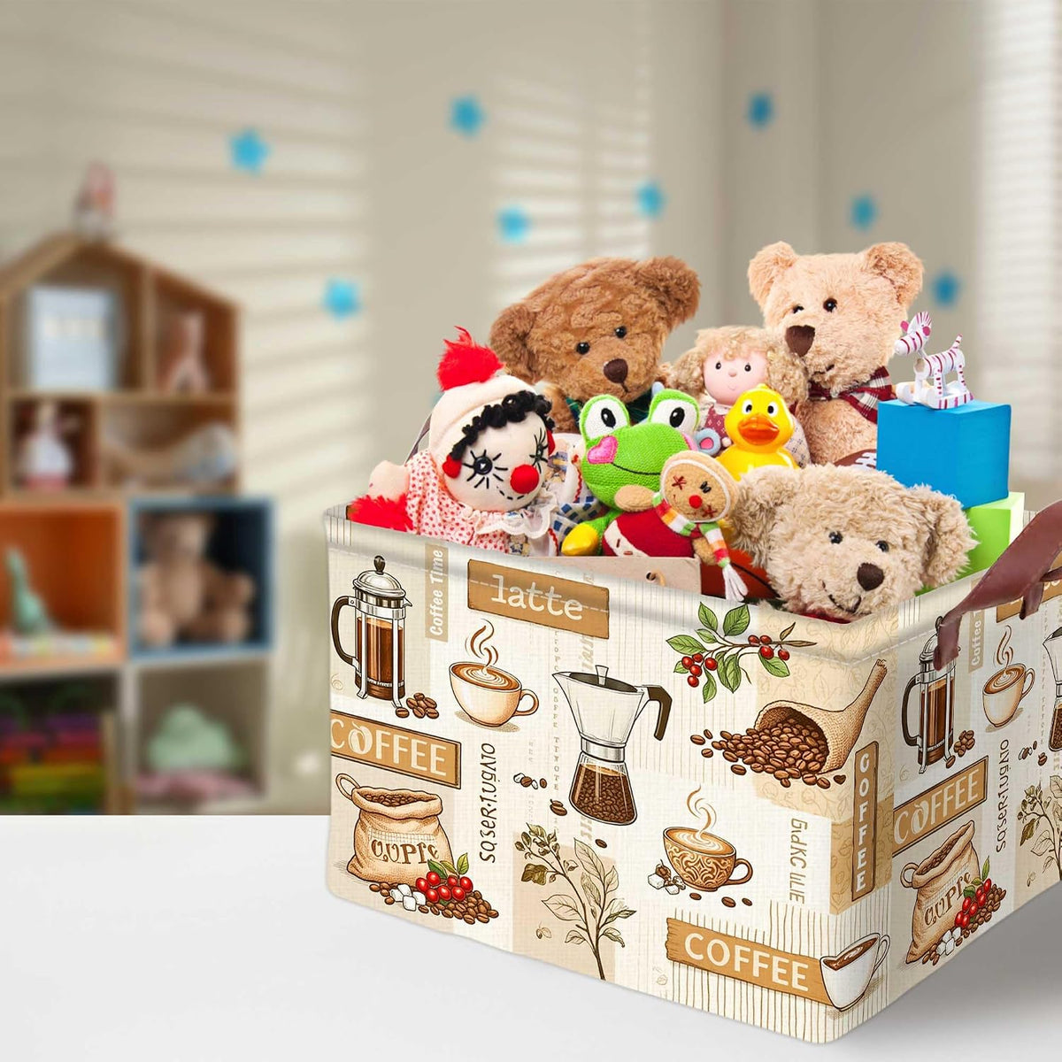 Coffee Theme Storage Basket Home Decor Waterproof Canvas Toy Storage Bin Collapsible Outdoor Basket with Leather Handles Coffee Bean Cup Blanket Baskets For Closets,Bedrooms,Gifts Baskets