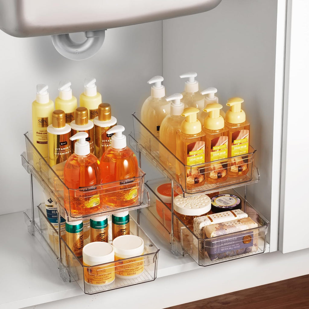 Masirs 2-Tier Clear Pull-Out Drawer Organizer - Sleek, Compact & Sturdy Makeup and Closet Organizer - Easy Assembly Kitchen Storage Solution, Ideal for Makeup, Tools, Medicines 4-Pack