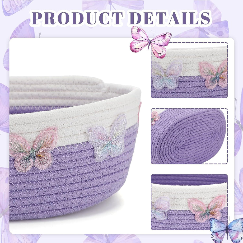 Geelin 3 Pcs Purple Baskets for Gift Cute Butterfly Woven Rope Gift Baskets Rectangle Shelf Organizer Laundry Hamper Storage Bins for Closet Bedroom Decor Nursery Toys Organizing, 11.8''x7.8''x4.7''