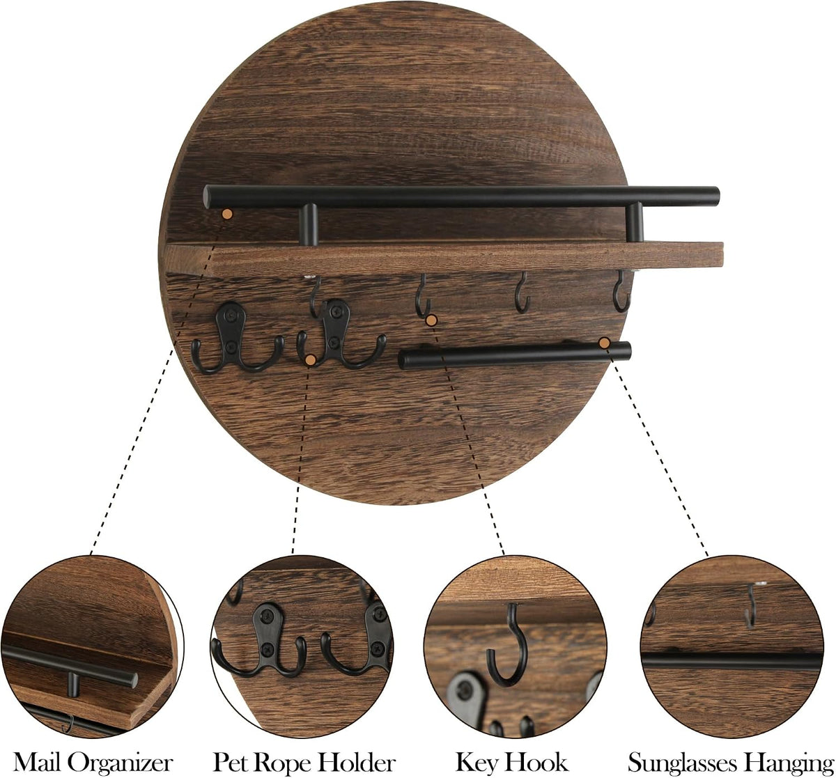 Gurfuy Key Holder for Wall with Shelf - Wood Mail Organizer and Rack with Shelf Hooks Wall Mounted for Entryway Decor Magazines Letter Storage Farmhouse Living Room Bedroom Doorway (Rustic Brown)