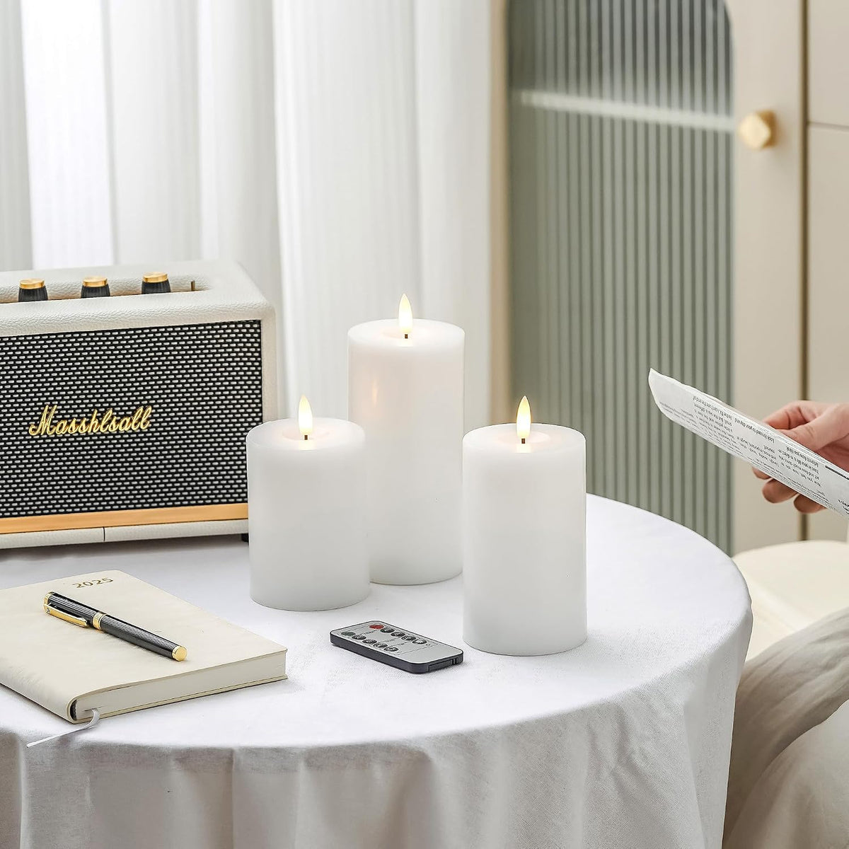 Stmarry White Flameless Candles with Remote and Timer, Real Wax Made LED Pillar Candles Battery Operated with 3D Flickering Flame - 3" x 4", 3" x 5", 3" x 6" - Set of 3