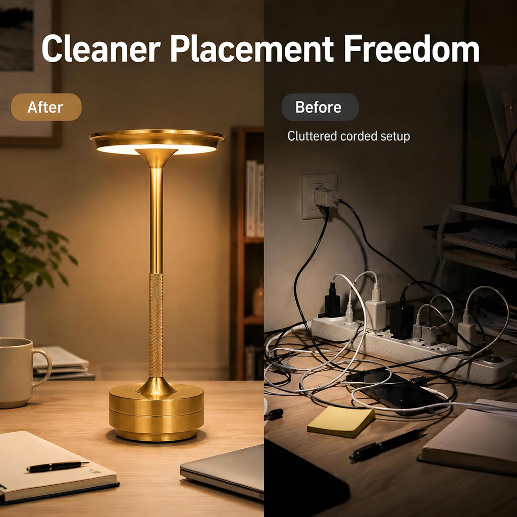 Cordless Rechargeable LED Table Lamp, 11.5 inches Modern Portable Desk Lamps 3 Colors Adjustable Brightness, 2600 mAh Battery Powered Table Light for Bar Restaurant Dining Golden 1Pcs