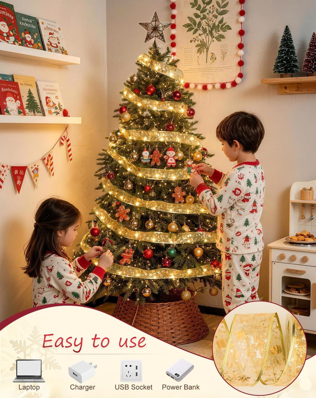 JMEXSUSS 33Ft 100 LED 2.5Inch Christmas Tree Ribbon Lights Remote Control