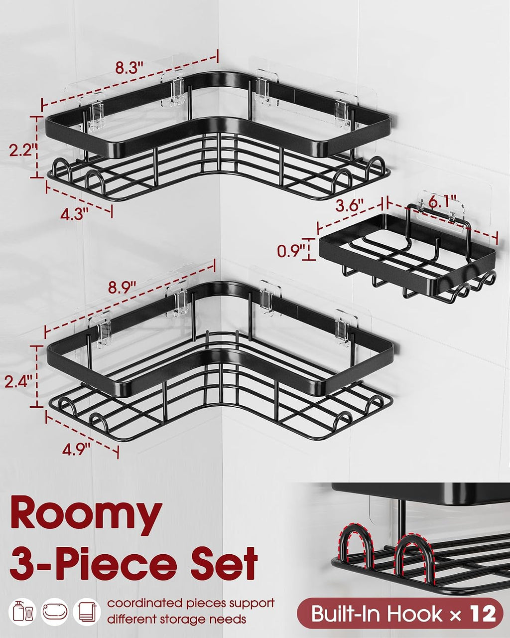 Sakugi Corner Shower Caddy, Large, 3-Pack, Soap Holder & Hooks, Black