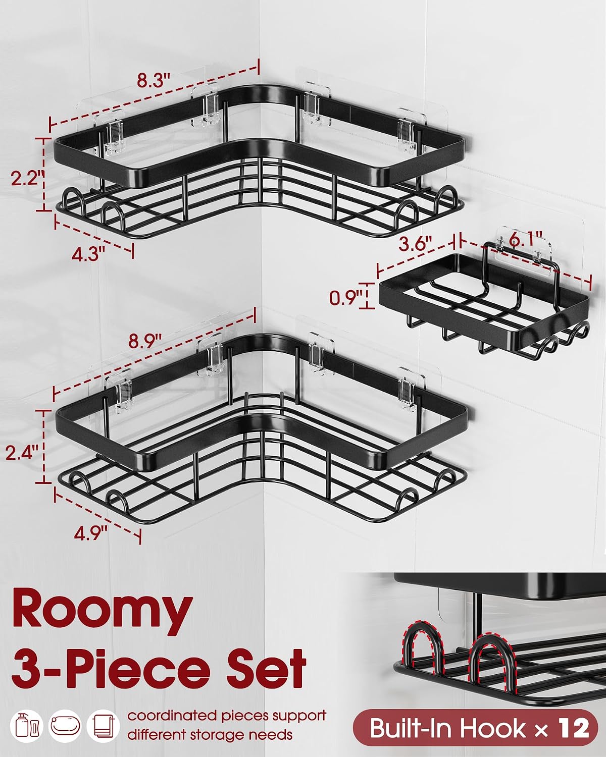 Sakugi Corner Shower Caddy, Large, 3-Pack, Soap Holder & Hooks, Black