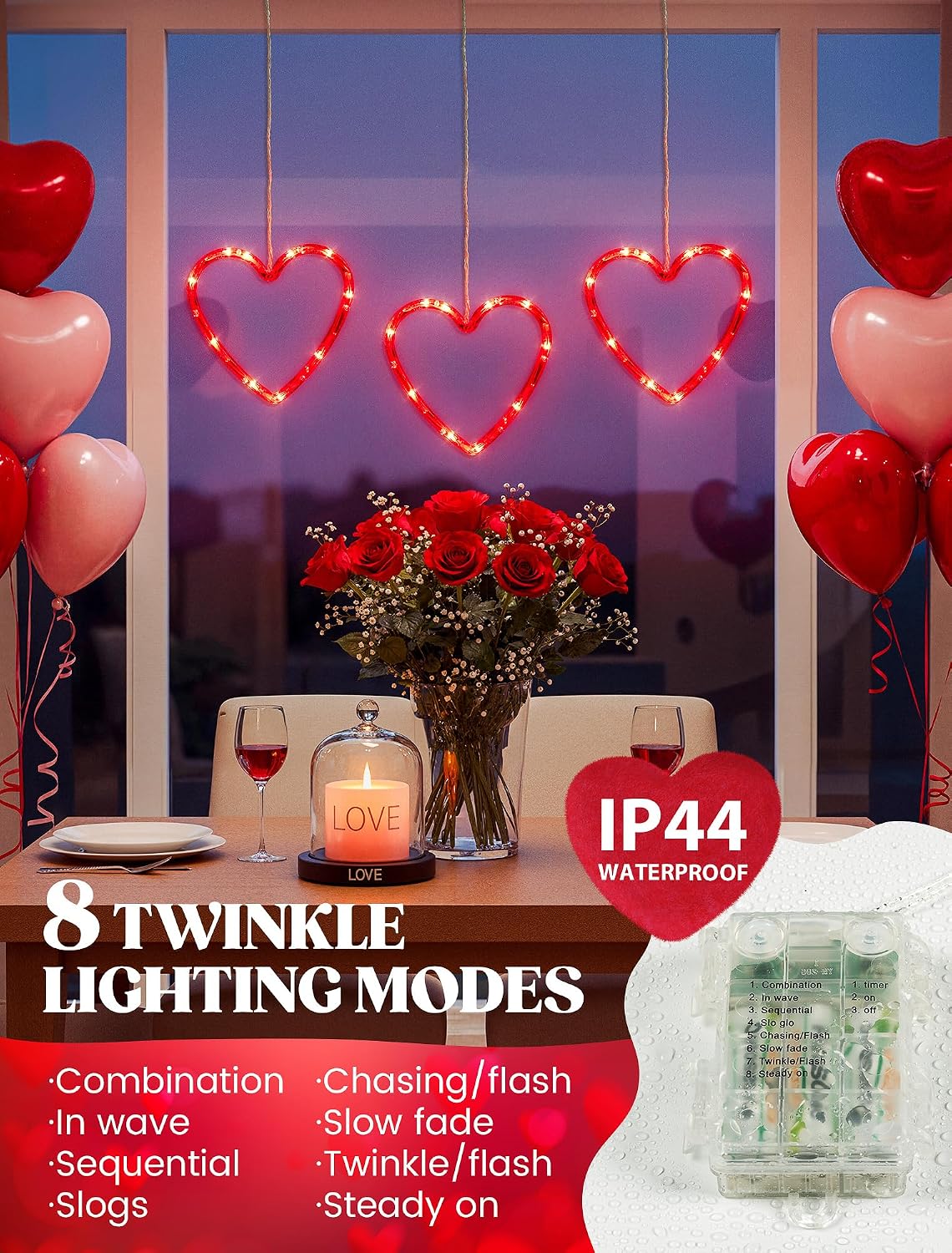 woohaha Heart Valentine's Day Window Lights, 30LED Red