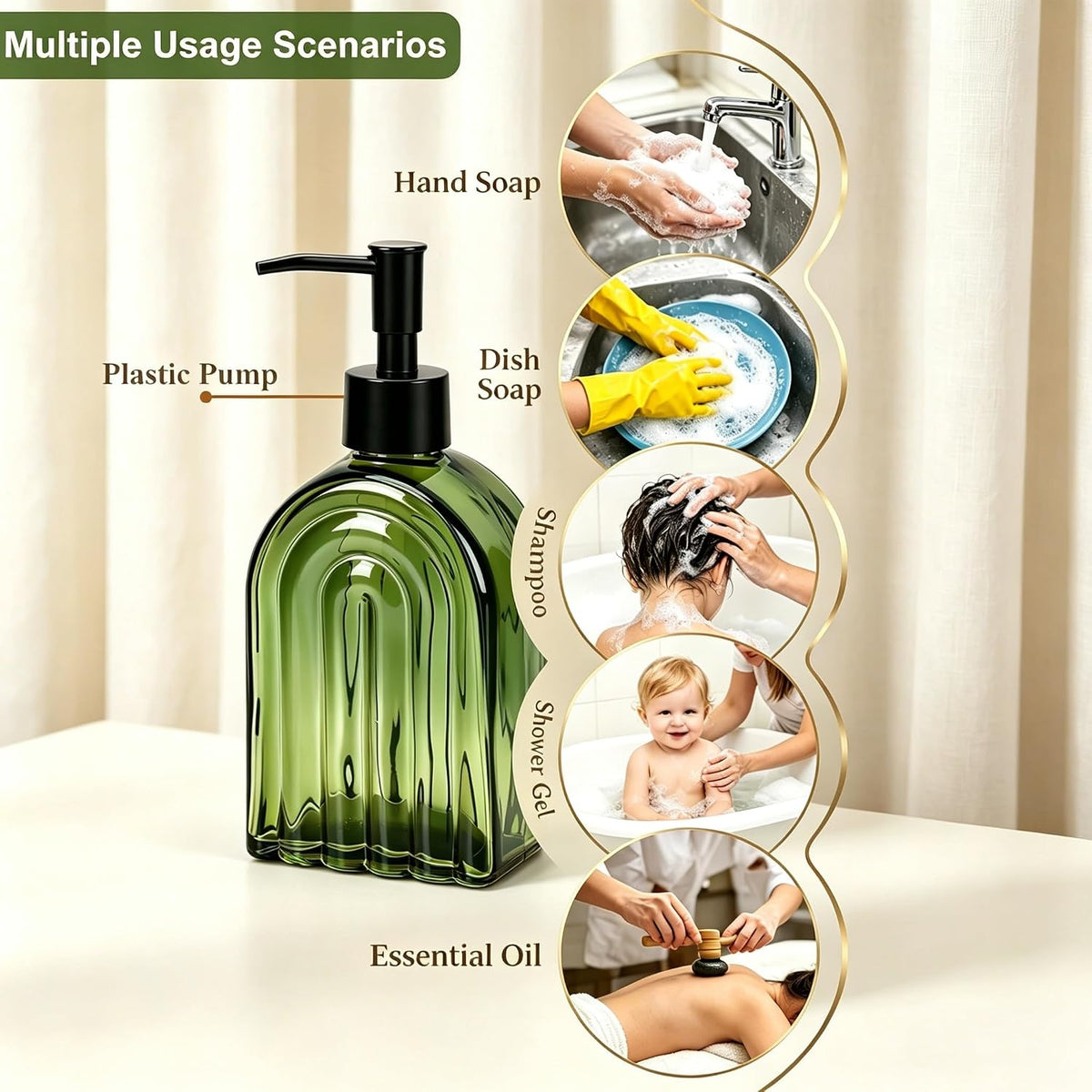 YYTSGG Green Glass Soap Dispenser with Plastic Pump, 13.5Oz