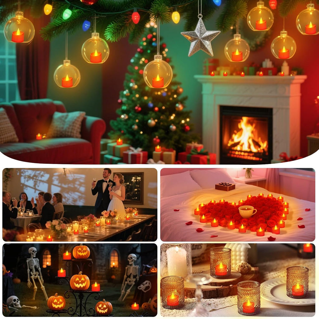 Realistic Flameless LED Tea Lights - Battery-Powered Dancing Flame Candles for Weddings, Halloween, Votives | Safe Child-Resistant, Flickering Ambiance Decor (Red Base, 100 Pack)