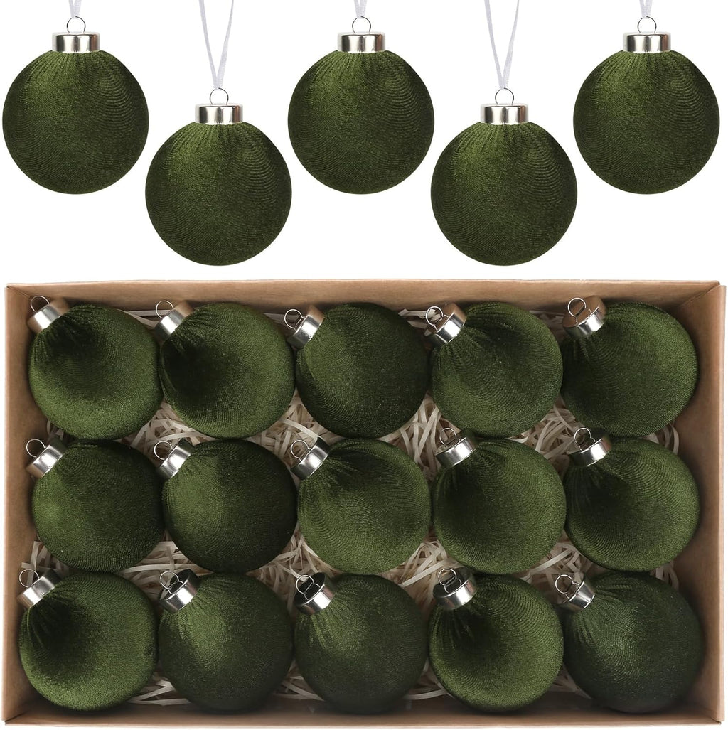 Green Velvet Ornaments for Christmas Tree 15Pcs Flocked Ornaments Balls